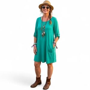 CHABRA Teal Bamboo Blend Roll Tab Sleeve Shift Dress with Pockets - Large